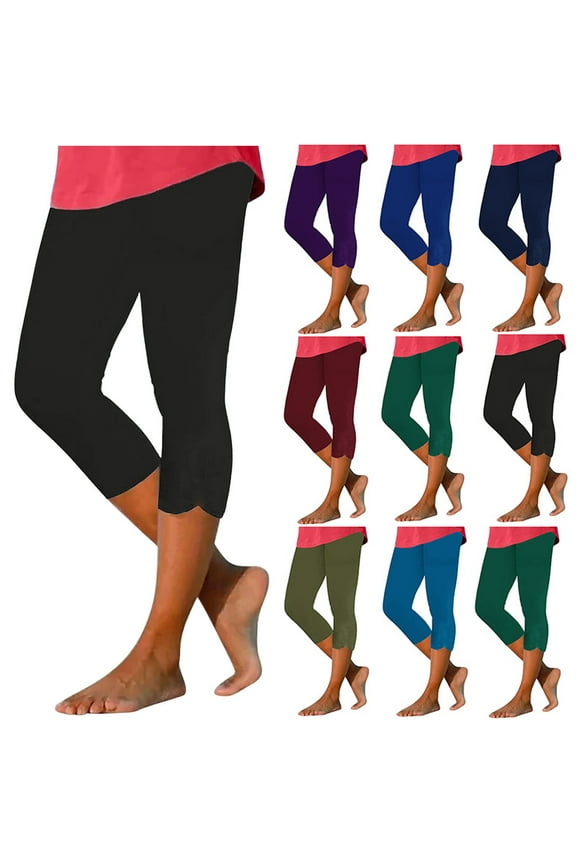 Women's Elastic Waist Capri Pants Tummy High Rise Cropped Pant Stretch Knee Length Capris Lightweight Solid Yoga Pant