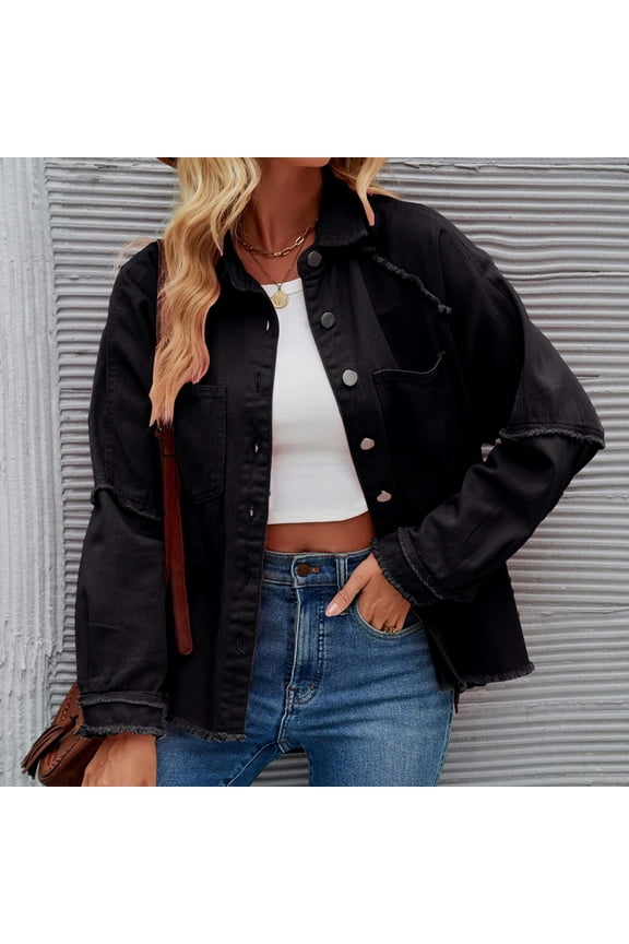 Women's Jean Jacket Coat Frayed Hem Shacket Button Up Cropped Denim Jackets Distressed Ripped Jean Coats Loose Fit Long Sleeve Streetwear with Pockets