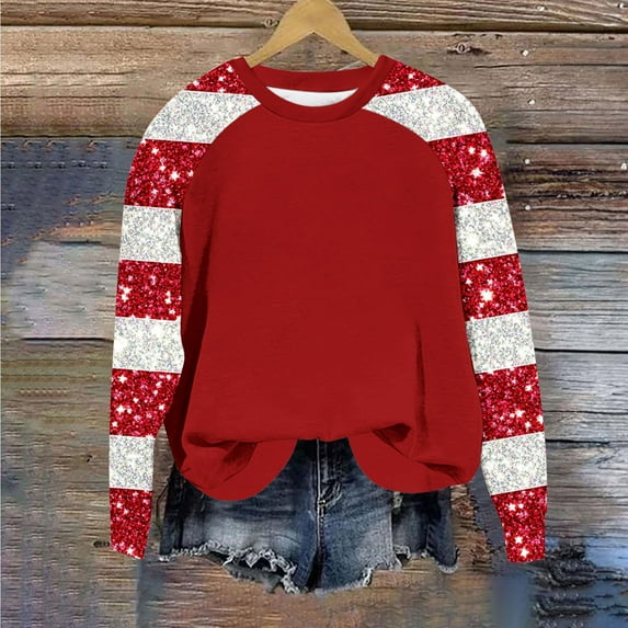 ZRGHAOYLQ Women's Long Sleeve Sequin Sweatshirt Colorblock Christmas Crewneck Sweatshirts Plus Size Christmas Shirts for Christmas Gifts Fall Winter Raglan Sleeve Pullover Tops