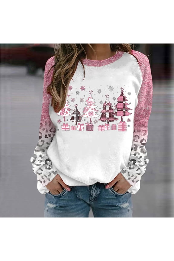 Women's Novelty Sweatshirts Trendy Christmas Tree Pattern Shirts 2025 Merry Christmas Crewneck Pullover Sweatshirt Long Sleeve Loose Shirts Tops for Christmas Gifts