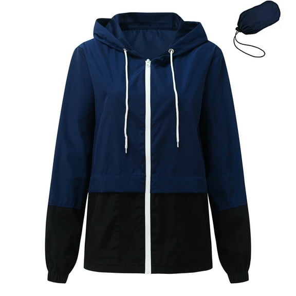 ZRGHAOYLQ Women's Windproof Rain Jackets Trendy Color Block Hooded Raincoats Lightweight Zip Up Windbreaker Loose Waterproof Sports Coats Outdoor Hiking Climbing Rain Coat