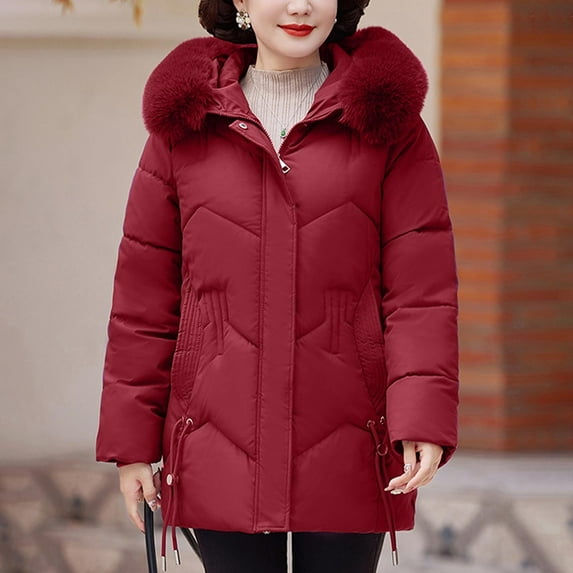 ZRGHAOYLQ Women's Winter Puffer Jacket Coat Slim Fit Padded Parkas Thermal Zip Up Jackets Solid Quilted Coats with Faux Fur Hood Long Sleeve Warm Up Overcoat for Cold Weather