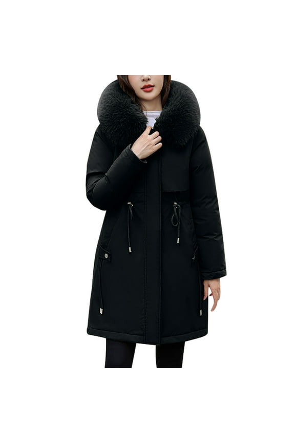 Womens Cotton Padded Jacket with Faux Fur Hood Thicken Parka Coat Windproof Warm Long Overcoats Puffy Jackets Solid Color Down Jacket Full Zip Quilted Jacket Drawstring Waist Outerwear