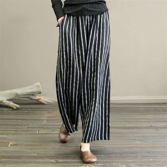 ZRGHAOYLQ Womens Elastic Waist Beach Pants Trendy Pinstripe Graphic Trousers Drape Mid Rise Cotton Linen Trouser with Pocket