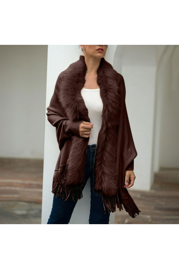 Womens Fuzzy Faux Fur Trim Poncho Cape Trendy Tassel Knitted Shawl Wraps Casual Open Front Cardigan Sweaters Batwing Sleeve Sweater Capes Winter Coats