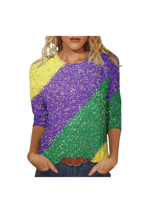 Womens Mardi Gras Shirts Casual 3/4 Sleeve Crewneck Pullover Tops 2025 Carnival Themed Clothes Color Block Sequin Tops Trendy Print Tunic Tops