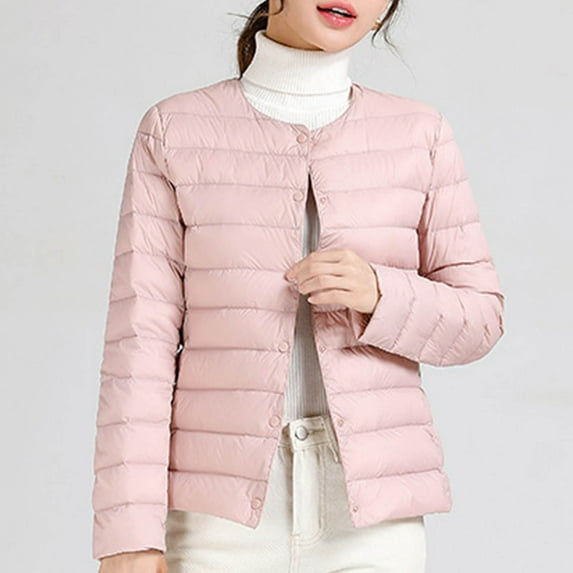 ZRGHAOYLQ Womens Warm Light Weight Puffer Winter Jackets no Hood Plus Size Down Coat Portable Button Down Quilted Jackets Dolman Long Sleeve Down Outerwear