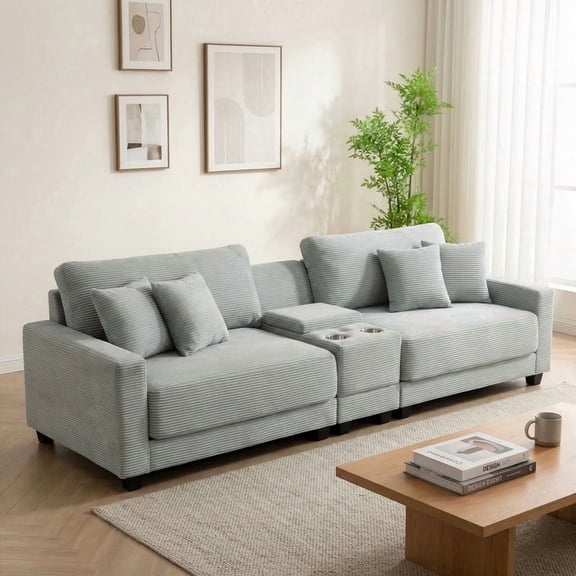 RIAFUN 111.8" Modular Sectional Sofa, 4-Seat Oversized Corduroy Couch with Storage Box, USB/Type-C Port & 2 Cup Holders for Living Room, Gray