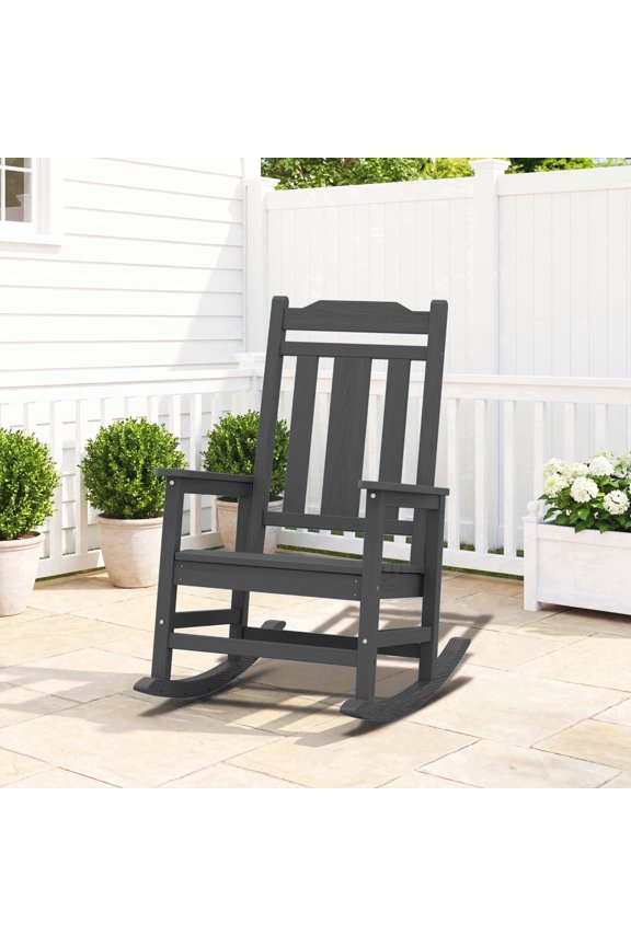 HDPE Outdoor Rocking Chair, All-Weather Patio Rocker with High Back, Fade Resistant for Backyard Poolside Deck,Gray
