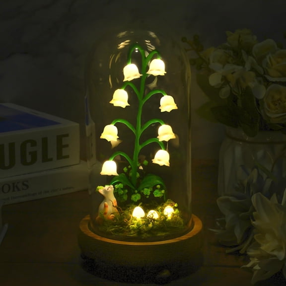 ZRINION Handmade Lily of The Valley Lamp,Lily Lamp with Curious Cat and Flowers,Lily of The Valley Night Light for Home Bedroom Decor,Lily of The Valley Gifts for Birthday Christmas Mother's Day Y101