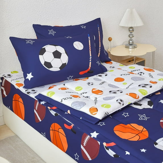 ZRNBAST 3Pcs Kids Comforter Set Sports Ball Games Zipper Bedding Set for Boys Basketball Football Baseball Comforter with Fitted Sheet and Pillowcases All in one Zipper Bedding(Navy ,Twin)