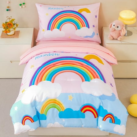 ZRNBAST 4 Piece Toddler Bedding Set for Girls, Cartoon Stars Rainbow Comforter Set, Includes Comforter, Flat Sheet, Fitted Sheet and Pillowcase, Pink
