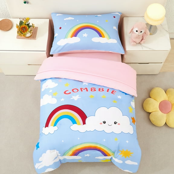 ZRNBAST 4-Piece Toddler Bedding Set, Colorful Rainbow with Clouds Girls Comforter Set, Blue