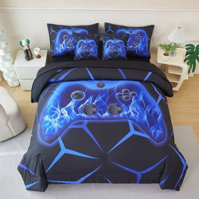 ZRNBAST 7-Piece Gamer Bed in a Bag Blue Flame Gaming Comforter Set for Boys, Twin