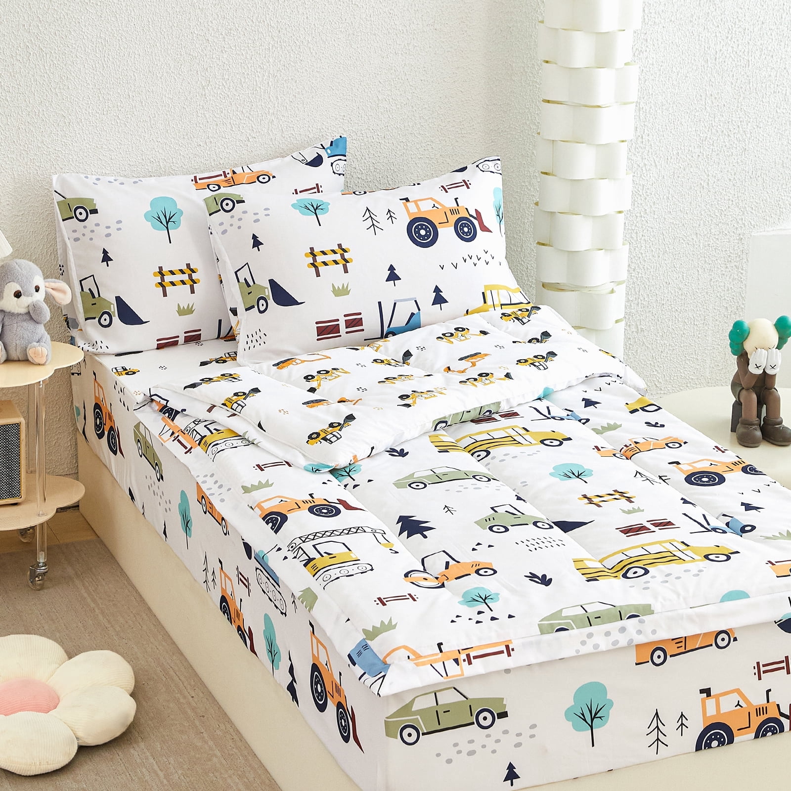 ZRNBAST Construction Comforter Set for Boys Zipper Bedding Sets Twin Size Lightweight Microfiber Cartoon Car Comforter for Kids All in one Zipper Bed Set(White,Twin)