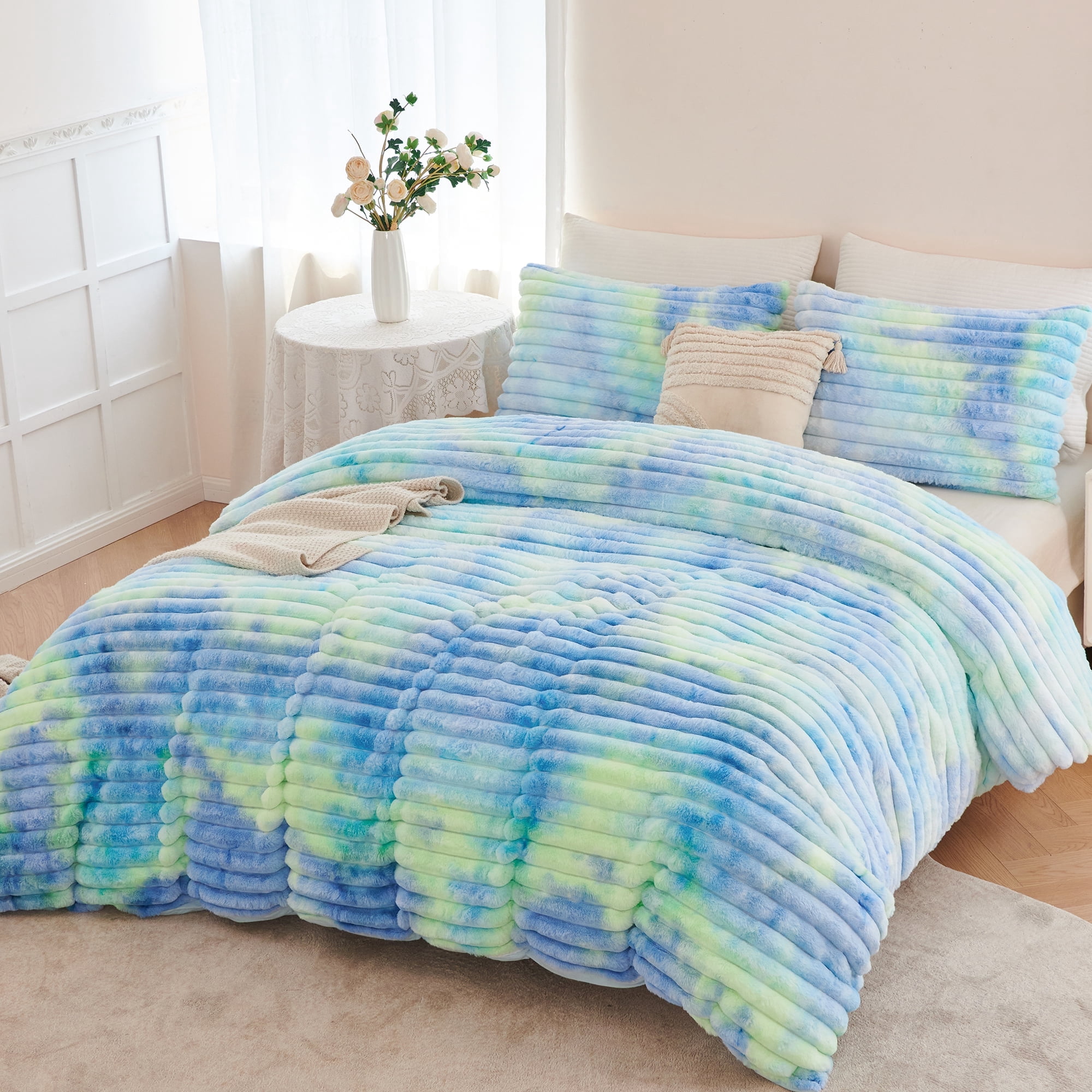 ZRNBAST Fluffy Queen Comforter Set, Tie-dye Blue Green Plush Fleece Bedding, Super Soft Faux Fur Bed Set, Soft Warm Comforter All Season with 2 Pillowcases(Blue Green,Queen)