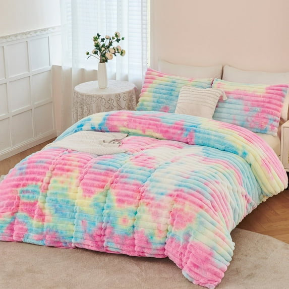 ZRNBAST Fluffy Ribbed Plush Comforter Set Twin 3-Piece Pink Faux Fur Fleece Bedding Set Tie-dye Rainbow Soft Luxury Fuzzy Heavy Bed Set with 2 Pillowcases(Rainbow,Twin)