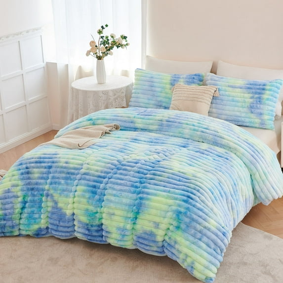ZRNBAST Fluffy Twin Comforter Set, Tie-dye Blue Green Plush Fleece Bedding Sets, Super Soft Faux Fur Bed Set with Zipper, 1 Fuzzy Comforter with 2 Pillowcases(Blue Green,Twin)