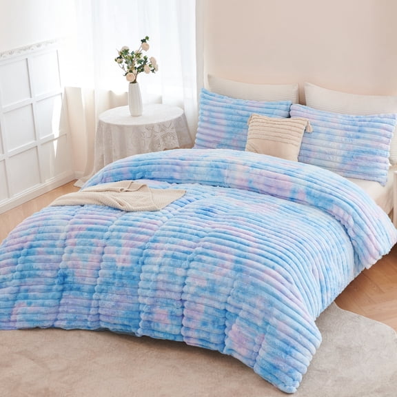 ZRNBAST Fluffy Twin Comforter Set, Tie-dye Pink Blue Plush Fleece Bedding Sets, Super Soft Faux Fur Bed Set with Zipper, Luxury Fuzzy Comforter with 2 Pillowcases(Pink Blue,Twin)
