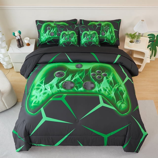 ZRNBAST Gamer Bedding Set Twin Size 7 Pieces Green Game Console Bed in A Bag Game Theme Kids Comforter Set for Boys Girls Teen 3D Green Fire Gamepad Gaming Bedroom Collections(Green,Twin)
