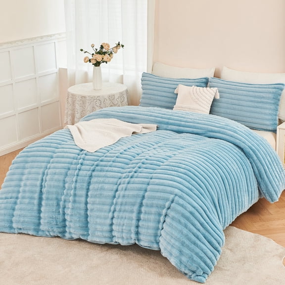 ZRNBAST Luxury Fluffy Fuzzy Queen Comforter Set 3 Pieces Light Blue Plush Fleece Comforter Bedding Set Heavy Faux Fur Comforter with 2 Pillowcases(Light Blue,Queen)