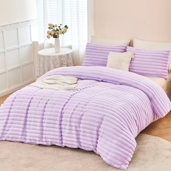 ZRNBAST Luxury Fluffy Fuzzy Queen Comforter Set 3 Pieces Light Purple Plush Fleece Comforter Bedding Set Heavy Faux Fur Comforter with 2 Pillowcases(Light Purple,Queen)