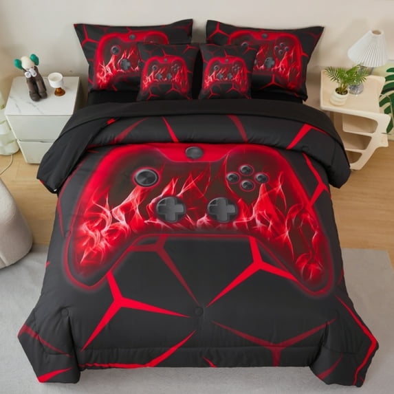 ZRNBAST Queen Bed in a Bag Gaming Bedding Sets for Boys 7 Pcs Red Video Game Comforter with Sheet Set Soft Gamer Bedding Sets Lightweight Microfiber Game Bed Set for All Season(Red,Queen)