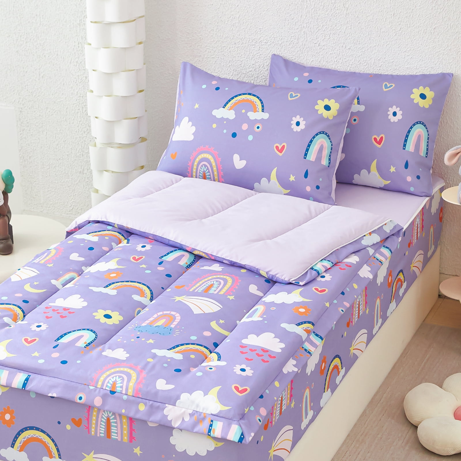 ZRNBAST Zipper Kids Comforter Set, 3-Piece Purple Twin Bed in a Bag, Cartoon Rainbow Stars Flowers Printed Zip Up Comforter Set for Girls, All in one Zipper Bedding(Purple,Twin)