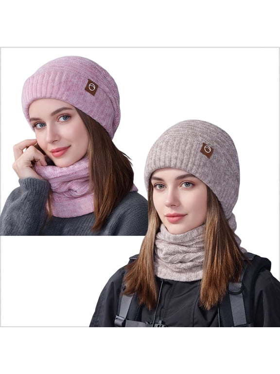 2-Pack (4 Pcs) Women's Winter Beanie & Neck Warmer Set, Fleece-Lined Knit Hat for Outdoor Cold Weather