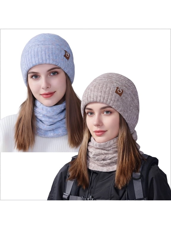 2-Pack (4 Pcs) Women's Winter Beanie & Neck Warmer Set, Fleece-Lined Knit Hat for Outdoor Cold Weather