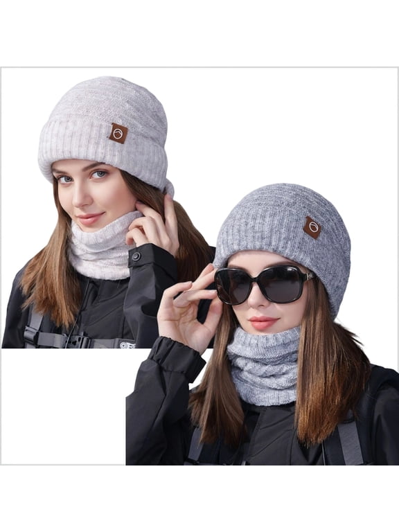 2-Pack (4 Pcs) Women's Winter Beanie & Neck Warmer Set, Fleece-Lined Knit Hat for Outdoor Cold Weather