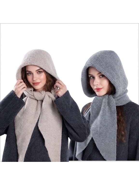 2-Pack Winter Knit Balaclava Hat with Scarf,Warm Neck Warmer & Ear Cover for Women & Men