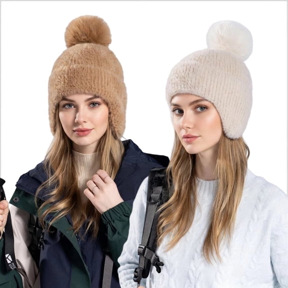 ZROVA 2-Pack Women's Winter Knit Beanie with Ear Flaps & Pom Pom,Solid Color, Warm & Cozy