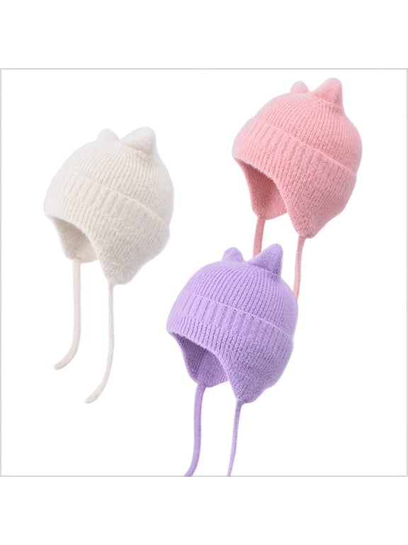3-Piece Set: Cute Cat Ear Knit Hats for Kids, Soft & Warm Winter Beanies with Ties, Fits Ages 4-10