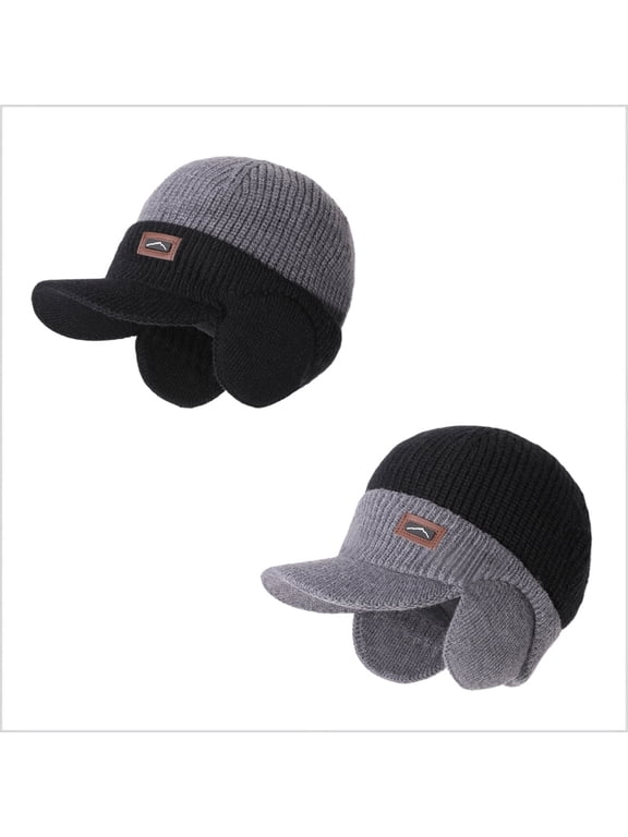 Men's 2-Pack Winter Knit Hat with Visor & Ear Flaps, Fleece-Lined Thermal Beanie for Cycling & Outdoor Sports