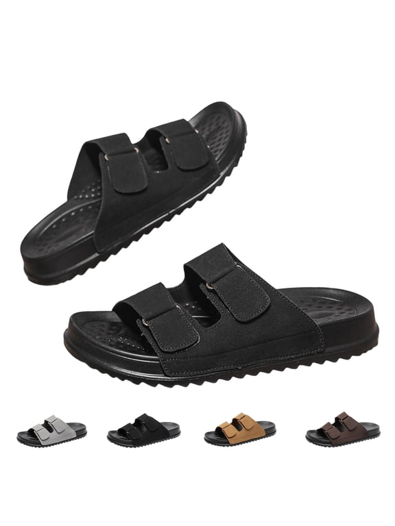 Men's Double Strap Slides, Adjustable Closure EVA Sole Arch Support Sandals, Classic Summer Casual Beach Walking Shoes, Sizes 6.5-12
