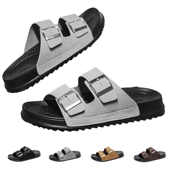 ZROVA Men's Metal Buckle Slides, Faux Suede Double Strap Sandals with Arch Support, Lightweight EVA Sole for Beach & Walking
