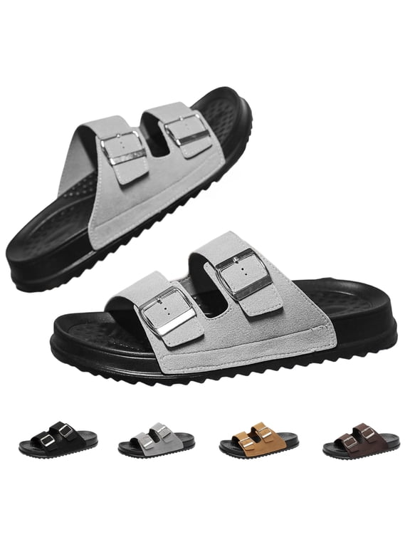 Men's Metal Buckle Slides, Faux Suede Double Strap Sandals with Arch Support, Lightweight EVA Sole for Beach & Walking