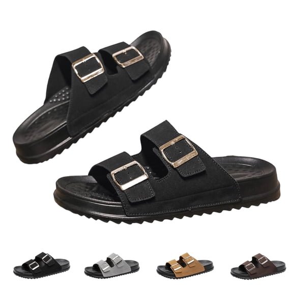 ZROVA Men's Metal Buckle Slides, Faux Suede Double Strap Sandals with Arch Support, Lightweight EVA Sole for Beach & Walking