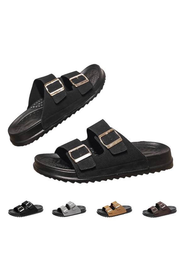 Men's Metal Buckle Slides, Faux Suede Double Strap Sandals with Arch Support, Lightweight EVA Sole for Beach & Walking