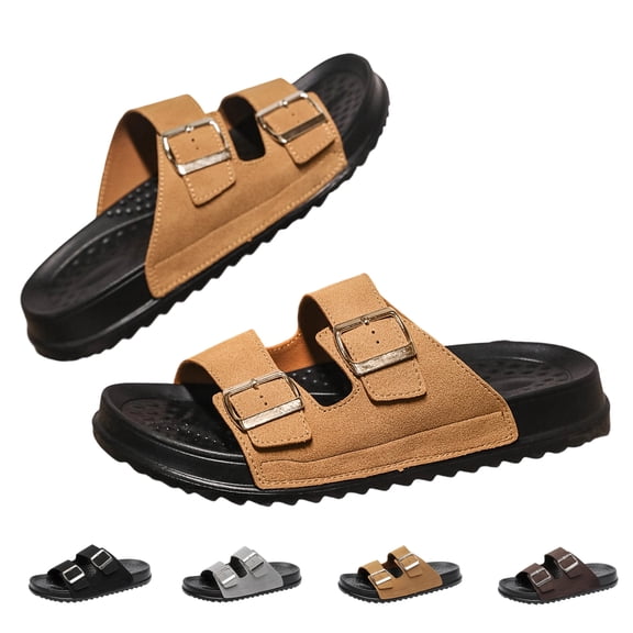 ZROVA Men's Metal Buckle Slides, Faux Suede Double Strap Sandals with Arch Support, Lightweight EVA Sole for Beach & Walking