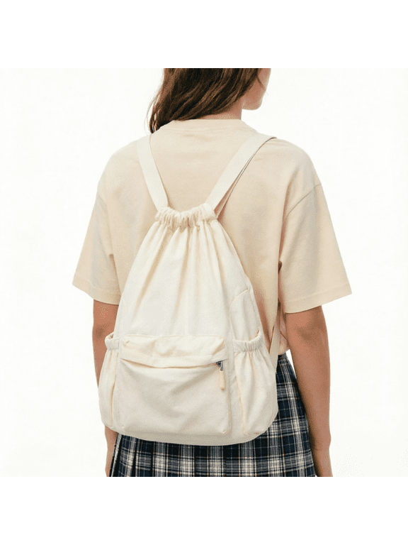 Unisex Solid Drawstring Backpack - Simple High-Style Large Capacity Bag for School, Work & Couple Outings (Black/Off-White/Khaki/Blue)