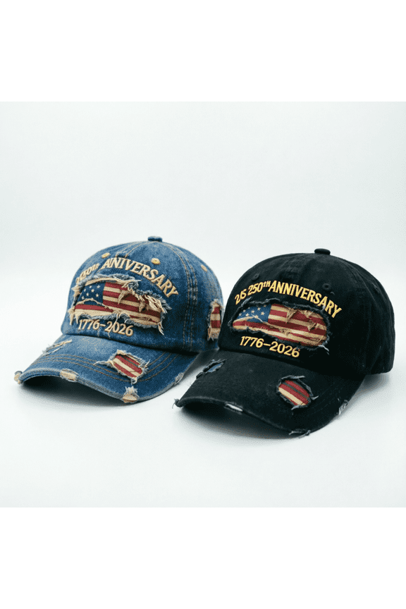 Vintage USA 250th Anniversary Hats 2 Pack - 1776-2026 Distressed Baseball Caps with Embroidered Flag, Washed Denim Dad Hats