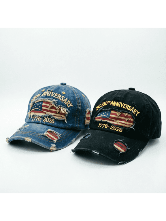 Vintage USA 250th Anniversary Hats 2 Pack - 1776-2026 Distressed Baseball Caps with Embroidered Flag, Washed Denim Dad Hats