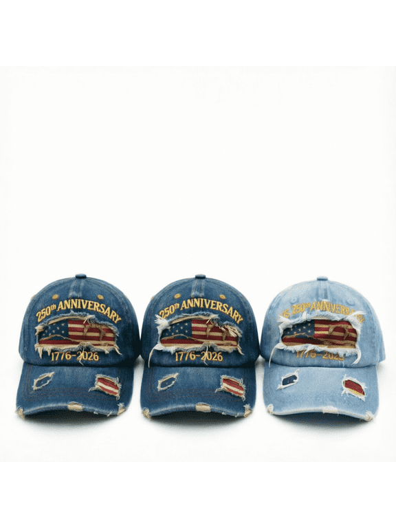 Vintage USA 250th Anniversary Hats 3 Pack - 1776-2026 Distressed Baseball Caps with Embroidered Flag, Washed Denim Dad Hats