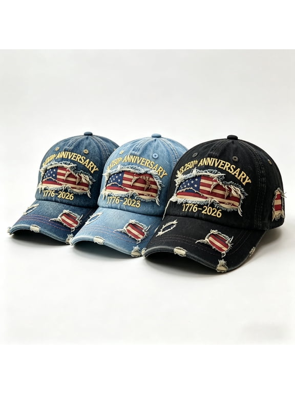 Vintage USA 250th Anniversary Hats 3 Pack - 1776-2026 Distressed Baseball Caps with Embroidered Flag, Washed Denim Dad Hats