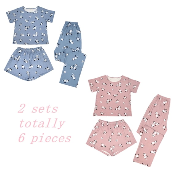 ZROVA Women's 2-Pack Floral Pajama Sets, 6-Piece Soft Sleepwear Bundle with Short Sleeve Tops, Shorts & Long Pants