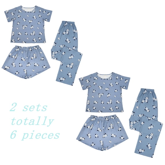 ZROVA Women's 2-Pack Floral Pajama Sets, 6-Piece Soft Sleepwear Bundle with Short Sleeve Tops, Shorts & Long Pants