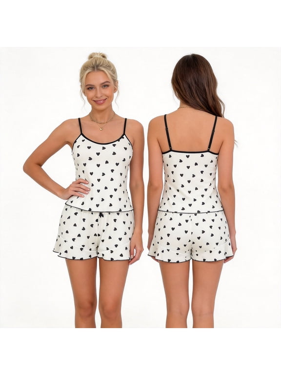 Women's 2-Pack Heart Print Cami & Shorts Pajama Set - Soft Milk Silk Summer Loungewear, 4 Pieces Total