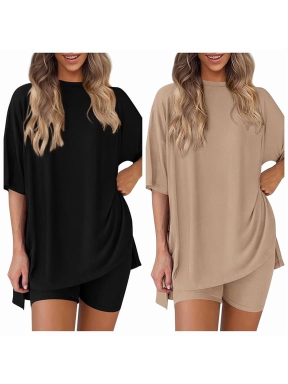 Women's 2 Pack Lounge Sets (4 Pieces Total) - 2 Piece Oversized T Shirt and Biker Shorts Outfits, Casual Solid Color Matching Pajama Sets for Summer Travel & Home